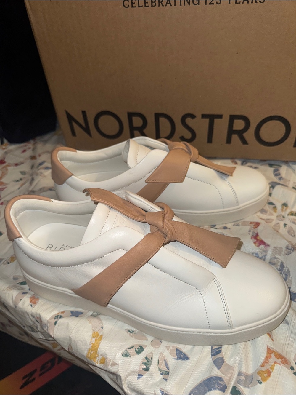 Alexandre Birman White Leather Slip-On ClLARITA Sneaker with Tan Bow Accent New!